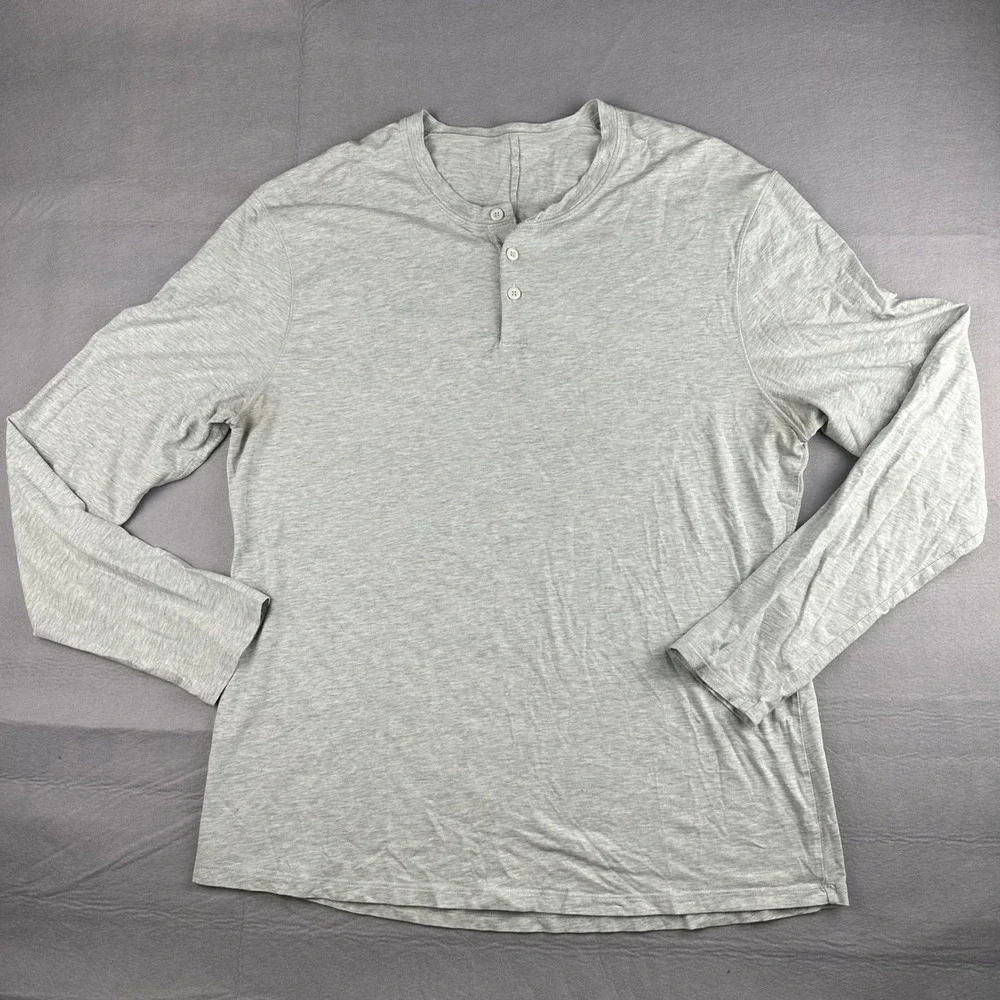 Lululemon Mens Long Sleeve Henley Shirt Gray Heathered Logo Top Size Medium